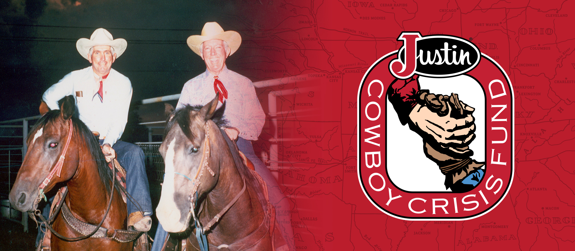 Two men sit atop horses smiling with the Justin Cowboy Crisis Fund logo and red to the right.